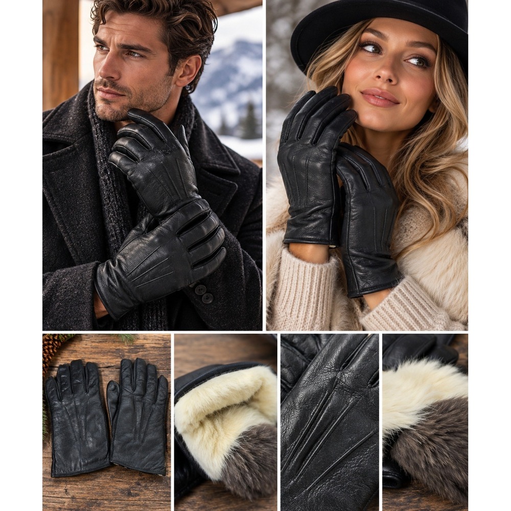 Black Leather Fur Lined Gloves Black Dress Winter Warm Classic #1548